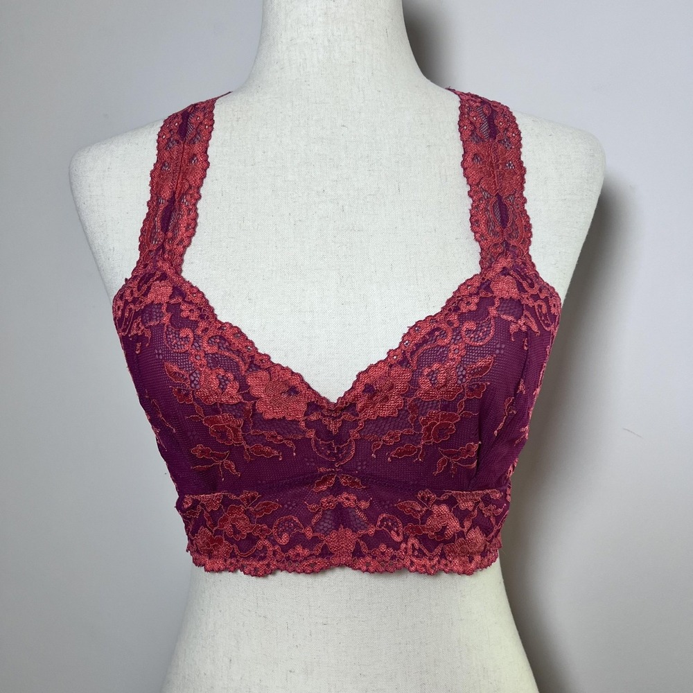 Free People Bralette Medium Pink Lace Floral Sheer Racerback Dark Fairy Romantic